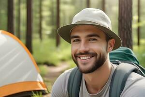 AI generated Portrait of a young smiling white male wearing hat camping in nature, generative AI, background image photo