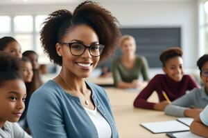 AI generated Portrait of a black female teacher with her students in the background, generative AI, background image photo