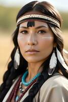 AI generated Portrait of a Native American Sioux Indian woman against nature background with space for text, generative AI, background image photo