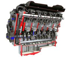 Cutaway V8 Engine section 3D rendering on white background photo