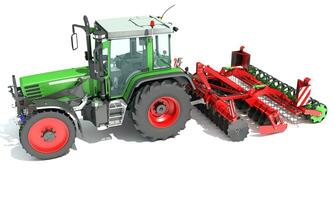 Tractor with Seed Drill farm equipment disc harrow 3D rendering on white background photo