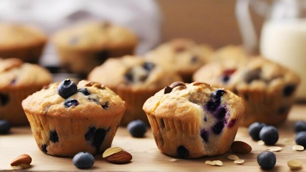 ai generado hecho en casa desayuno magdalenas, hornear magdalenas con grano integral harina, avena, y un variedad de mezclas tal como arándanos, nueces, o chocolate papas fritas, antecedentes imagen foto