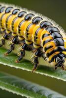 AI generated Document the details of a caterpillar, emphasizing its body segments, tiny hairs, and unique markings, background image, generative AI photo