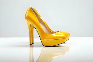 AI generated Portrait of a woman's bright yellow high-heeled shoes on a white background, background image, generative AI photo