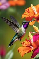 ai generado capturar el rápido movimiento de un colibrí como eso flota cerca un flor, alimentación en néctar, antecedentes imagen, generativo ai foto