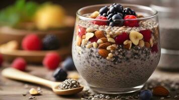 AI generated Chia Seed Pudding, Mix chia seeds with milk or a dairy-free alternative, let it sit overnight, and top with fruits, nuts, or shredded coconut in the morning, background image photo