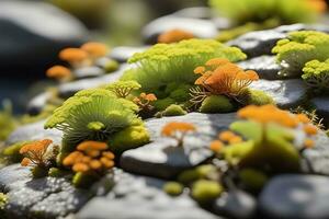 AI generated Explore the miniature world of lichen growing on a stone, capturing the symbiotic relationship between fungi and algae, background image, generative AI photo