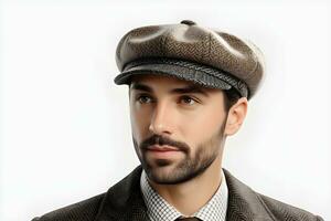 AI generated Portrait of a Newsboy Cap against white background, A casual cap with a rounded, full crown and a button on top, generative AI photo