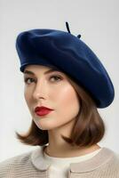 AI generated Portrait of a Beret against white background, A soft, round, flat-crowned hat made of wool or felt, generative AI photo