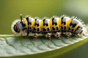 AI generated Document the details of a caterpillar, emphasizing its body segments, tiny hairs, and unique markings, background image, generative AI photo