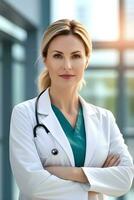 AI generated Portrait of a white female doctor against a hospital atmosphere background with space for text, generative AI, background image photo