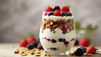 AI generated Greek Yogurt Parfait, Layer Greek yogurt with granola, fresh berries, and a drizzle of honey for a delicious and nutritious parfait, background image photo