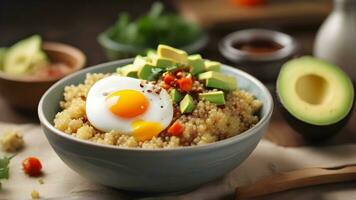 AI generated Quinoa Bowl, Cook quinoa and top it with sliced avocado, poached or fried eggs, and a drizzle of hot sauce for a protein-packed breakfast, background image photo