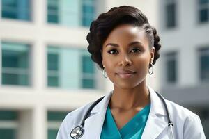 AI generated Portrait of a black female doctor against a hospital atmosphere background with space for text, generative AI, background image photo