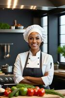 AI generated Portrait of a smiling black female chef, generative AI, background image photo