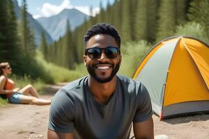 AI generated Portrait of a young smiling black male wearing sunglasses camping in nature, generative AI, background image photo