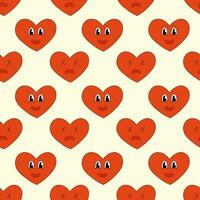 Seamless Pattern with Heart Red Character Smile and Sad for Valentine Day. Mascot in groovy and Y2k style. Vector cartoon illustration.