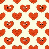 Seamless Pattern with Heart Red Character Smile and Sad for Valentine Day. Mascot in groovy and Y2k style. Vector cartoon illustration.