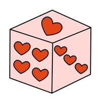 jugando dado en San Valentín día estilización. vector plano linda ilustración. dado cubo con corazones.