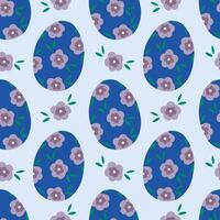 Pattern seamless with dark blue Easter eggs and flowers. Happy Easter holiday background. Spring pattern design for postcard, wrapping paper, textile, wallpaper. vector