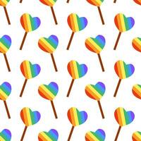 Seamless Pattern with Cute LGBT Lollipop rainbow on stick. Candy in form heart. LGBTQ. Symbol of the LGBT pride community. Flat vector illustration.