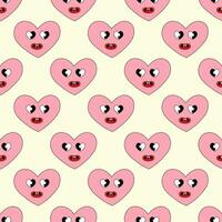 Seamless Pattern with Heart Pink Smile Character for Valentine Day. Eyes in form heart. Mascot in groovy and Y2k style. Vector cartoon illustration.
