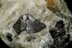 macro Roca apatito y magnetita mineral en desfile en negro antecedentes foto