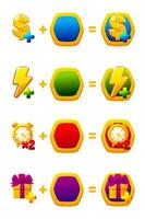 Game UI app icons. Make your icon for a 2D game. Set of dollar, energy, time and gift icons vector
