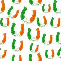 Seamless pattern with Horseshoes in Irish flag colors. Decoration for greeting cards, posters, patches, prints for clothes, and emblems for St. Patrick Day vector