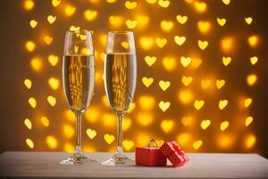beautiful glasses of champagne on a blurred background of hearts photo