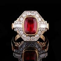 Beautiful yellow gold ring with a ruby on a black background photo