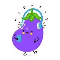 Eggplant listens to music on headphones with a smartphone. Vector hand drawn cartoon kawaii character illustration icon. Isolated on white background. Eggplant character concept
