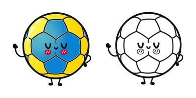 Funny cute happy Handball characters bundle set. Vector hand drawn cartoon kawaii character illustration icon. Cute Handball ball. Outline cartoon illustration for coloring book