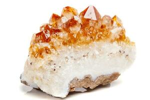 Macro mineral stone Citrine in rock in crystals on a white background photo