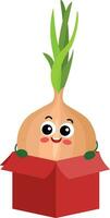 Funny onion mascot in cardboard box vector