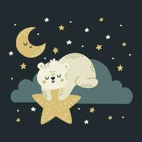 Flat vector illustration in children's style. Cute polar white bear sleeping on a cloud. Holds a star in his paws. Night sky and moon