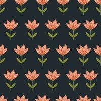 Seamless vector pattern in minimalistic style on a dark background. Cute pink flowers in naive art.