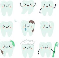 Vector dental set. Cute teeth with faces, sad and funny, healthy teeth and teeth with caries