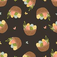 Seamless vector pattern for easter day. Baskets with Easter eggs and green lithiums, yellow butterflies