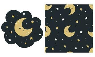 Vector set for children's products. Seamless pattern on dark background with moon and stars. Printable print, smiling moon and stars