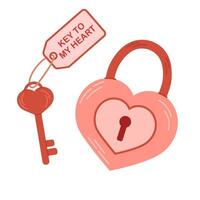 Heart-shaped lock. Key in heart shape. Sticker for Valentines day. Hand drawn isolated romantic design element. vector