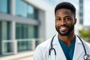 AI generated Portrait of a black male doctor against a hospital atmosphere background with space for text, generative AI, background image photo