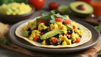 AI generated Mexican Breakfast Tacos, Fill soft corn tortillas with scrambled eggs, black beans, diced tomatoes, avocado slices, and a dash of hot sauce, background image photo