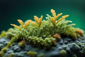 AI generated Explore the miniature world of lichen growing on a stone, capturing the symbiotic relationship between fungi and algae, background image, generative AI photo