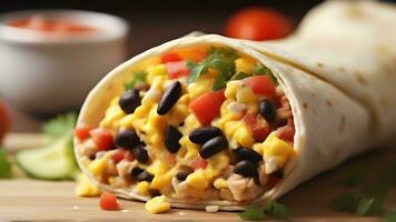 AI generated Breakfast Burrito, Fill a whole-grain tortilla with scrambled eggs, black beans, diced tomatoes, cheese, and salsa, background image photo