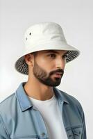 AI generated Portrait of a Bucket Hat against white background, A casual hat with a wide, downward-sloping brim and a soft, generative AI photo