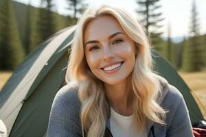 AI generated Portrait of a smiling blonde hair white woman camping in nature, generative AI, background image photo