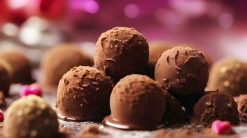 AI generated Close-up image showcasing the rich and decadent details of individual chocolate truffles against a Valentine's Day-themed background, background image photo