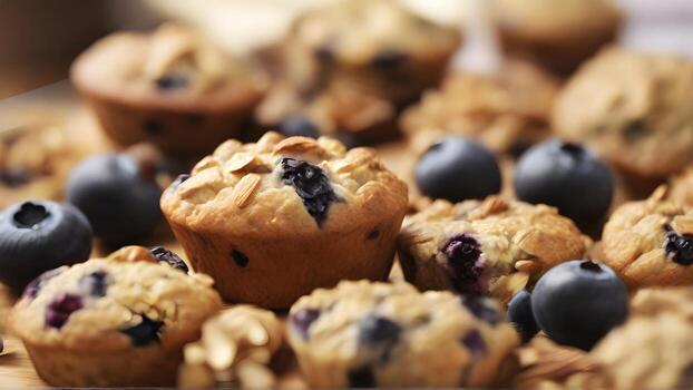 ai generado hecho en casa desayuno magdalenas, hornear magdalenas con grano integral harina, avena, y un variedad de mezclas tal como arándanos, nueces, o chocolate papas fritas, antecedentes imagen foto