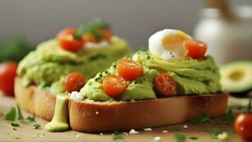 AI generated Avocado Toast, Whole-grain toast topped with mashed avocado, a sprinkle of salt and pepper, and optional additions like cherry tomatoes, poached eggs, or feta  cheese photo